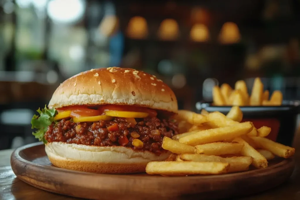 Freshly made 3-ingredient Sloppy Joe on a toasted bun with golden fries, perfect for a quick and easy meal.