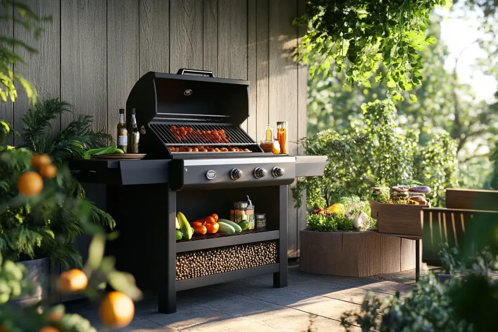 A modern Traeger grill on a sunny patio surrounded by fresh vegetables, herbs, spices, and wood pellets, ready for outdoor cooking.