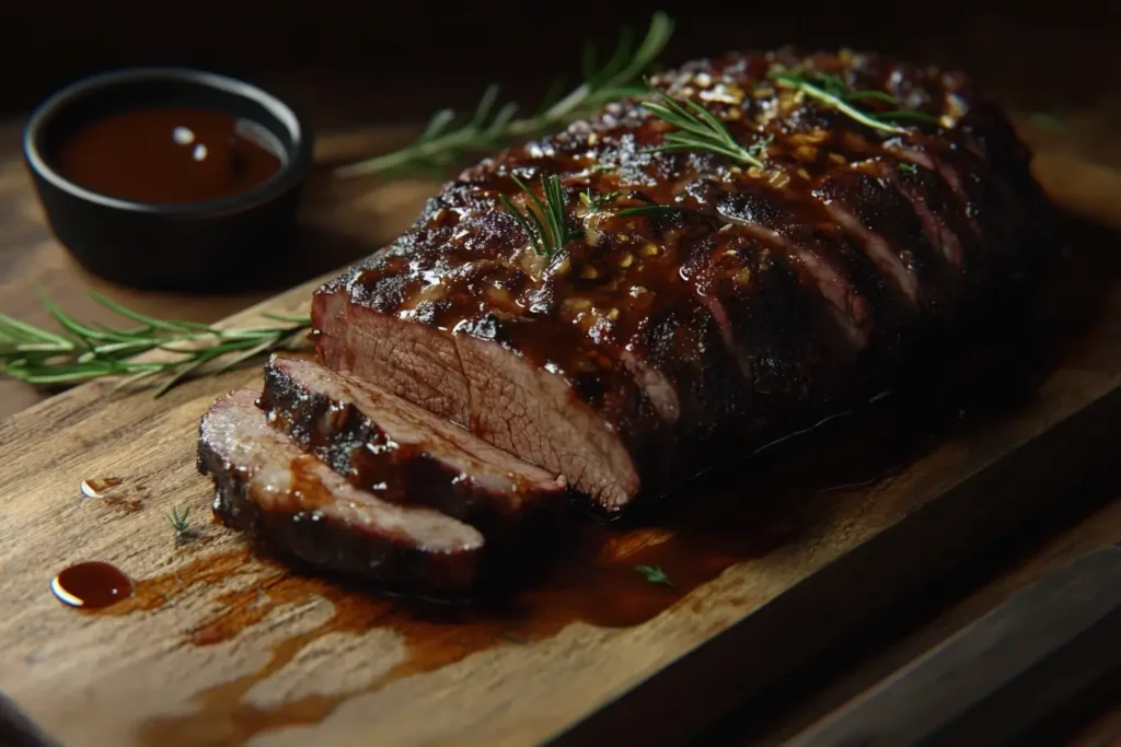 A perfectly smoked brisket with a caramelized crust, tender slices, and garnishes like rosemary and BBQ sauce, served on a wooden cutting board.