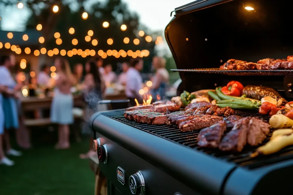 A festive outdoor party with a Traeger grill, smoked meats, grilled vegetables, and happy guests enjoying food under evening string lights.