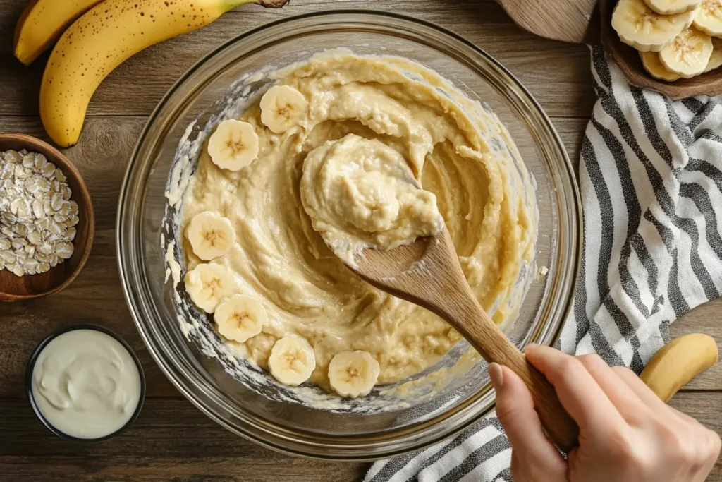 Hands mixing Chobani banana bread batter with visible ingredients like mashed bananas and Greek yogurt in a bowl.
