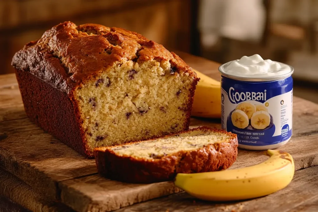 A beautifully sliced loaf of banana bread with ripe bananas and Chobani Greek yogurt, perfect for a homemade recipe.