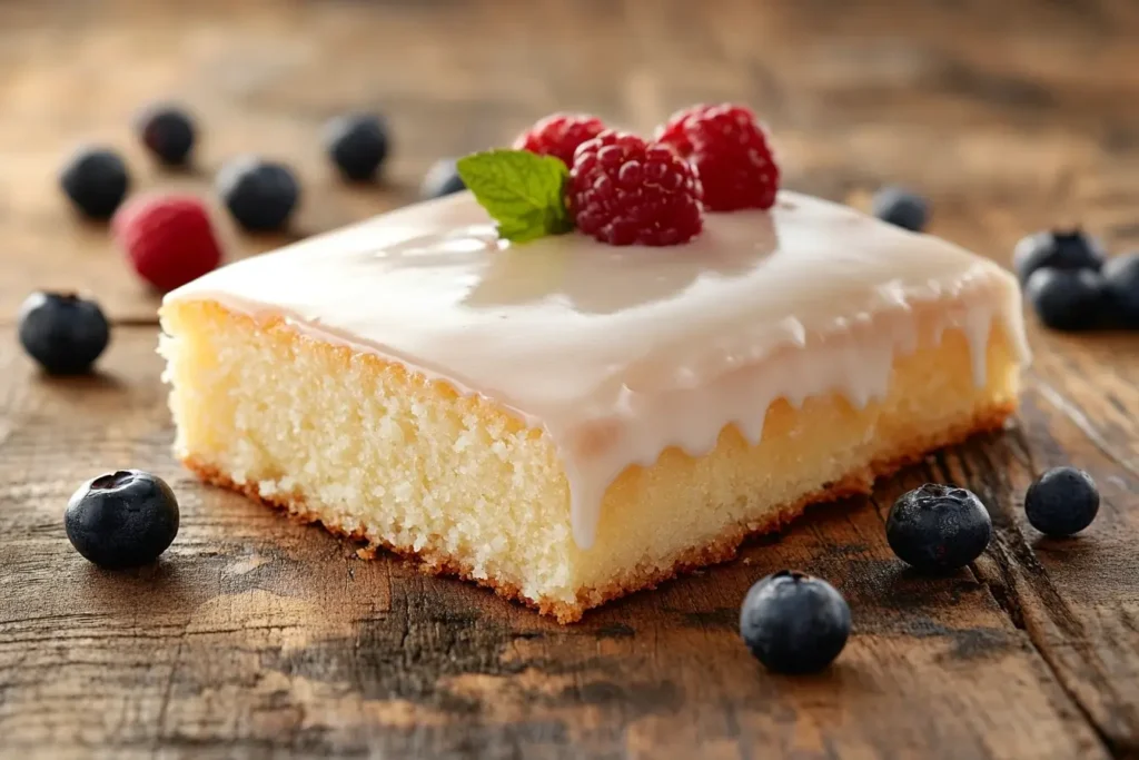 A beautifully baked cake topped with a glossy glaze and garnished with fresh berries, displayed on a rustic table.

