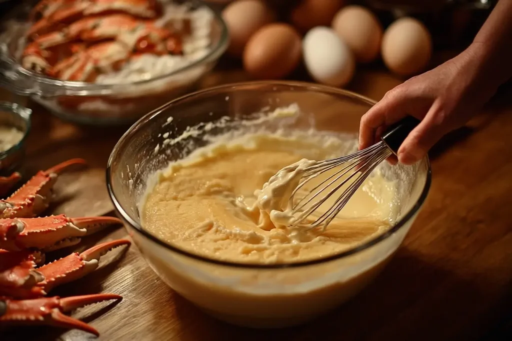 A person is whisking a creamy batter in a glass bowl, surrounded by fresh crab claws, eggs, and other ingredients on a wooden kitchen counter. The scene suggests a recipe preparation, blending rich textures and fresh ingredients.