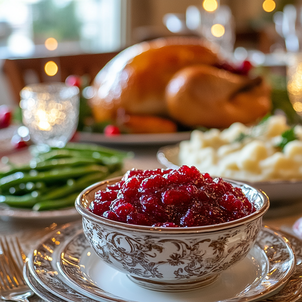 A holiday dinner table with Ocean Spray cranberry sauce in a bowl, paired with a roasted turkey and festive side dishes.