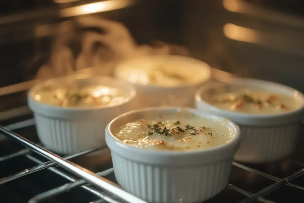 Ramekins filled with creamy crab custard in a water bath inside an oven, showing the baking stage of the Crab Brulee.