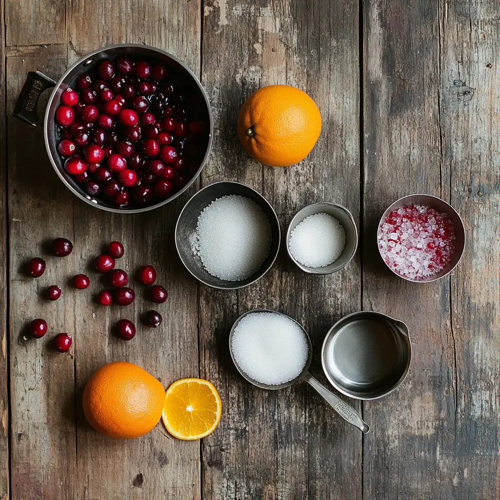 Fresh cranberries, sugar, water, and orange peel on a rustic table with cooking tools, ready for making cranberry sauce.