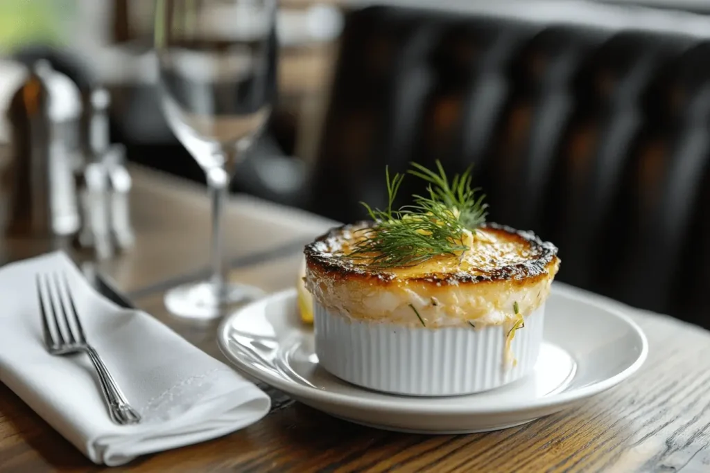 A caramelized Crab Brulee served in a white ramekin, garnished with fresh dill and lemon zest, on a rustic wooden table.