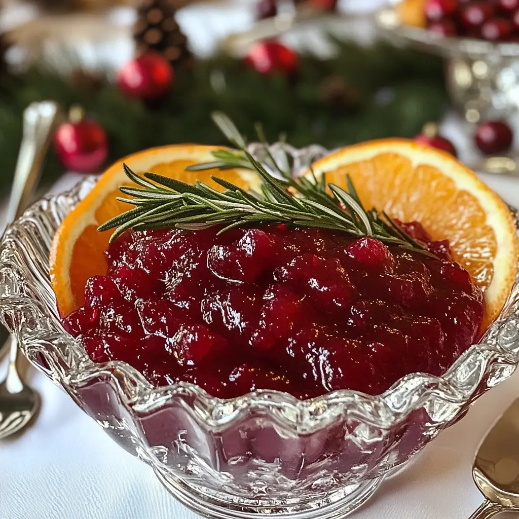 Ocean Spray cranberry sauce in a crystal bowl, garnished with rosemary and orange slices, presented on a festive holiday table.