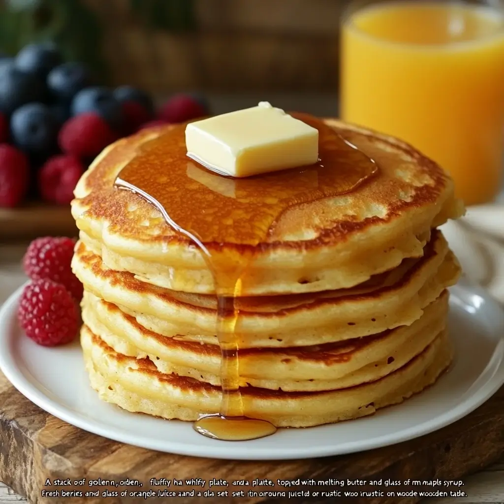 A stack of golden, fluffy hotcakes with butter and maple syrup, perfect for a delicious breakfast.