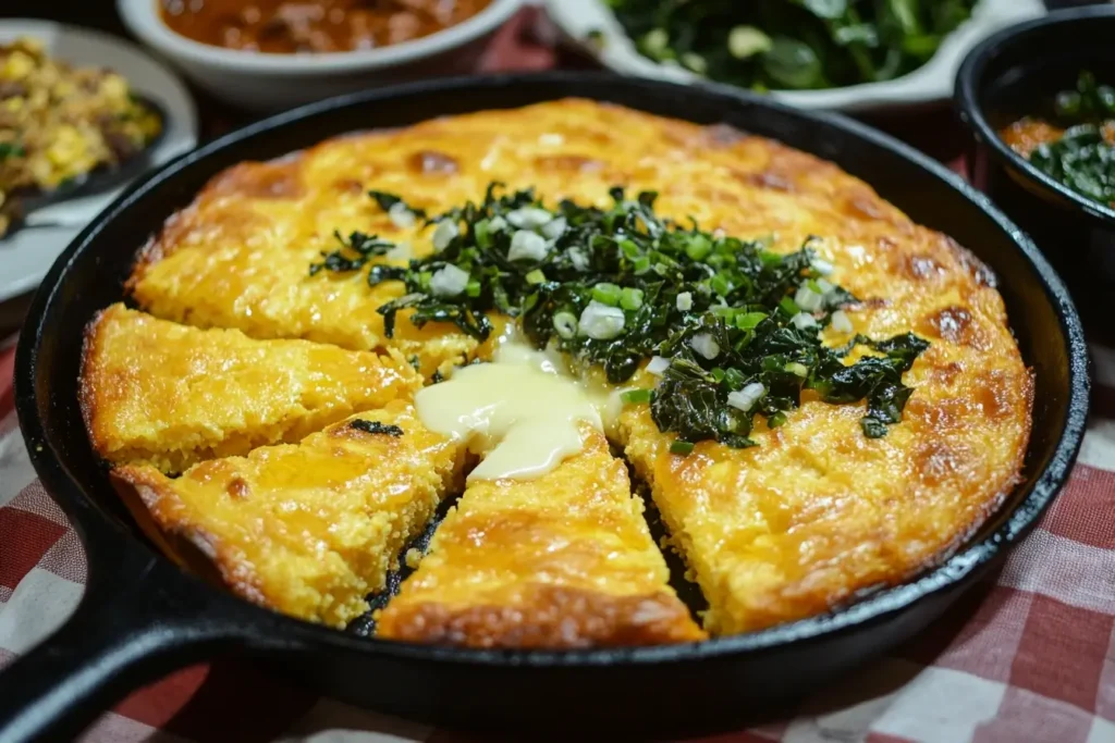 A freshly baked golden-brown Southern cornbread served in a cast-iron skillet, sliced into wedges, topped with melted butter and sautéed greens, surrounded by bowls of chili and collard greens on a checkered tablecloth.