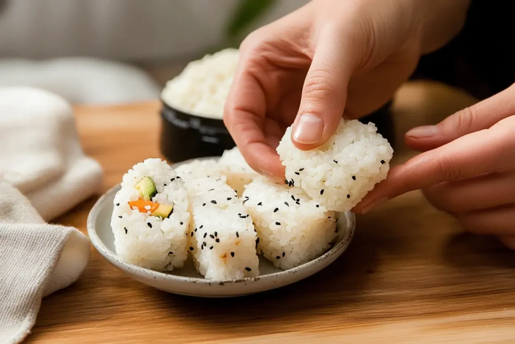 Close-up of hands serving handcrafted rice bites garnished with sesame seeds and vegetables, showcasing the artistry of rice preparation.