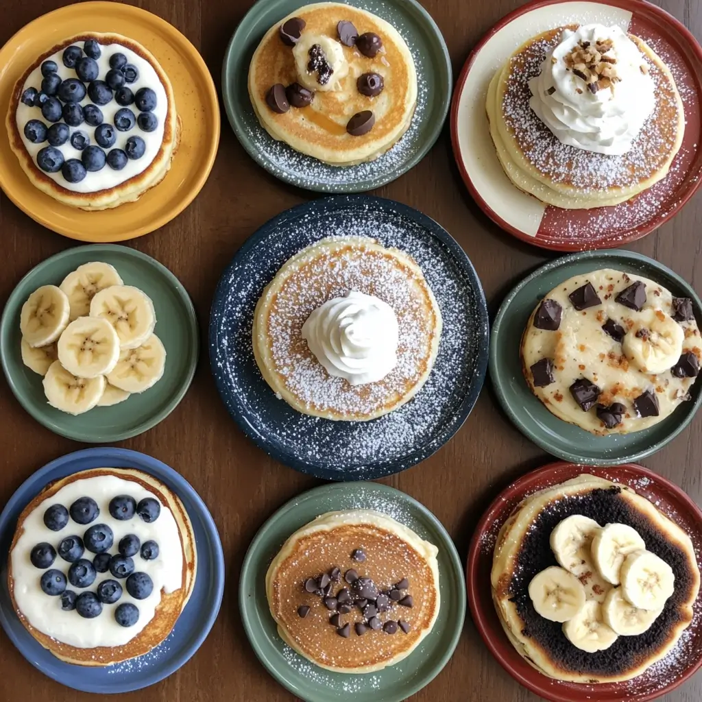 A table showcasing different hotcake variations, including blueberry, banana, and chocolate chip hotcakes with toppings.

