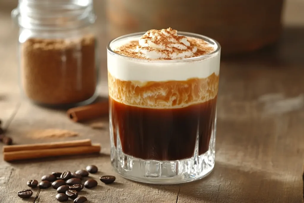 Clear glass of Brown Sugar Shaken Espresso, beautifully layered with espresso, milk, and frothy whipped cream, garnished with cinnamon powder, surrounded by cinnamon sticks and coffee beans on a rustic wooden table.