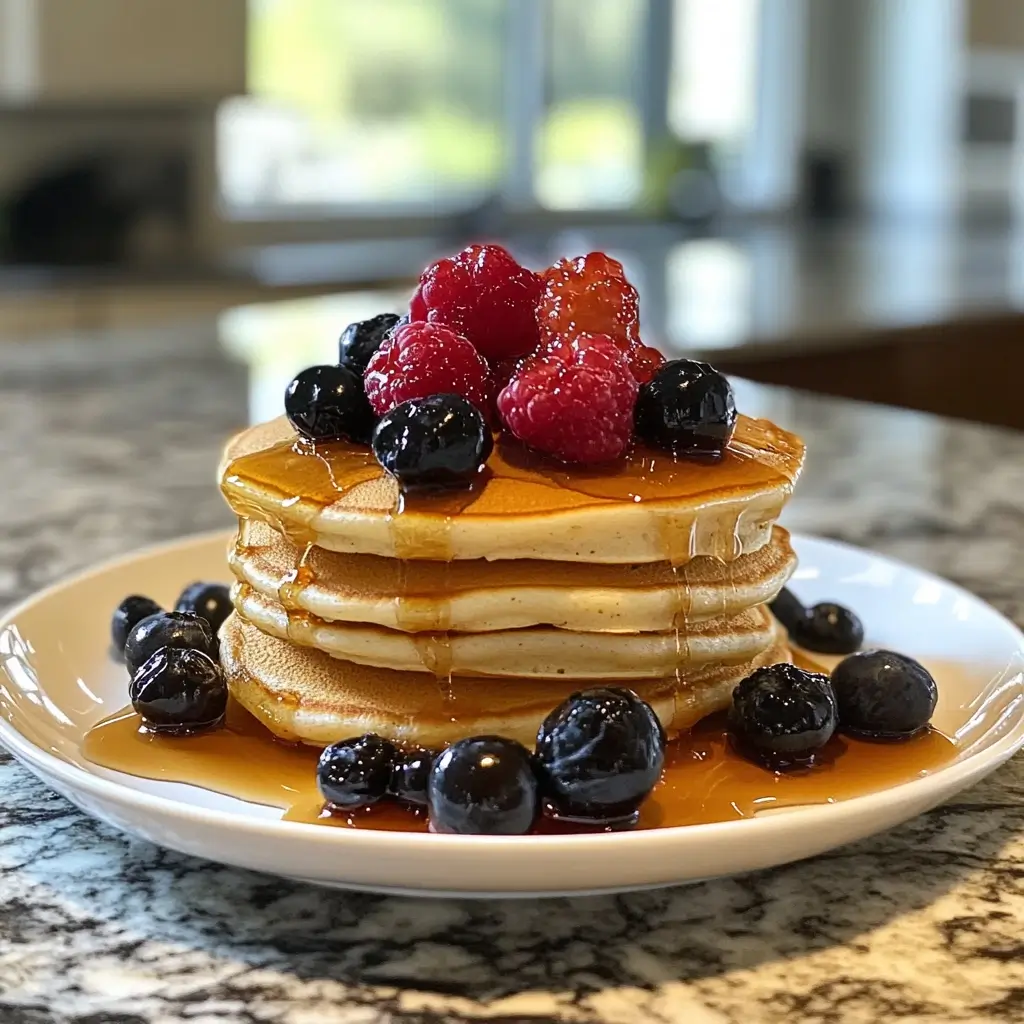 A stack of golden, fluffy hotcakes drizzled with maple syrup and topped with fresh blueberries and raspberries on a white plate. The hotcakes sit on a marble countertop with natural light in the background, creating a warm and inviting breakfast scene.