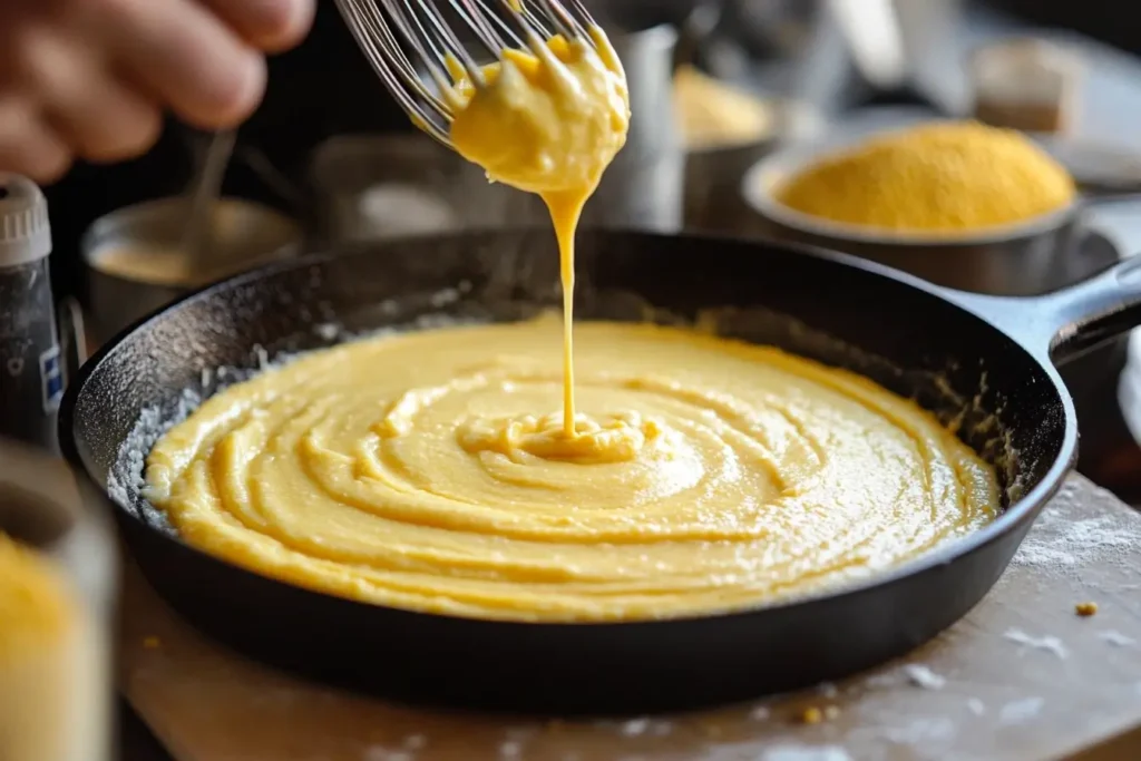  A cook whisking smooth, creamy cornbread batter in a preheated cast-iron skillet, with cornmeal and kitchen tools visible in the background on a rustic wooden countertop.