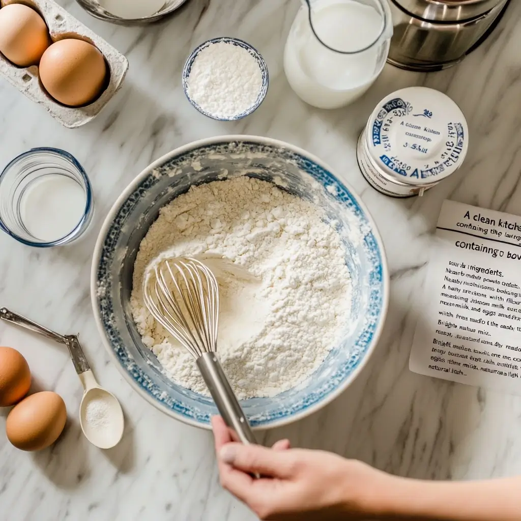 A kitchen scene showing ingredients being whisked for the ultimate hotcake mix recipe, with flour, sugar, and measuring tools on the countertop.