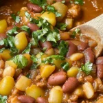 A vibrant close-up of a traditional Puerto Rican bean and potato stew garnished with fresh cilantro. The dish highlights hearty red beans, tender potatoes, and a rich tomato-based broth, served with a wooden spoon. Perfect for showcasing the flavors of Puerto Rican cuisine.