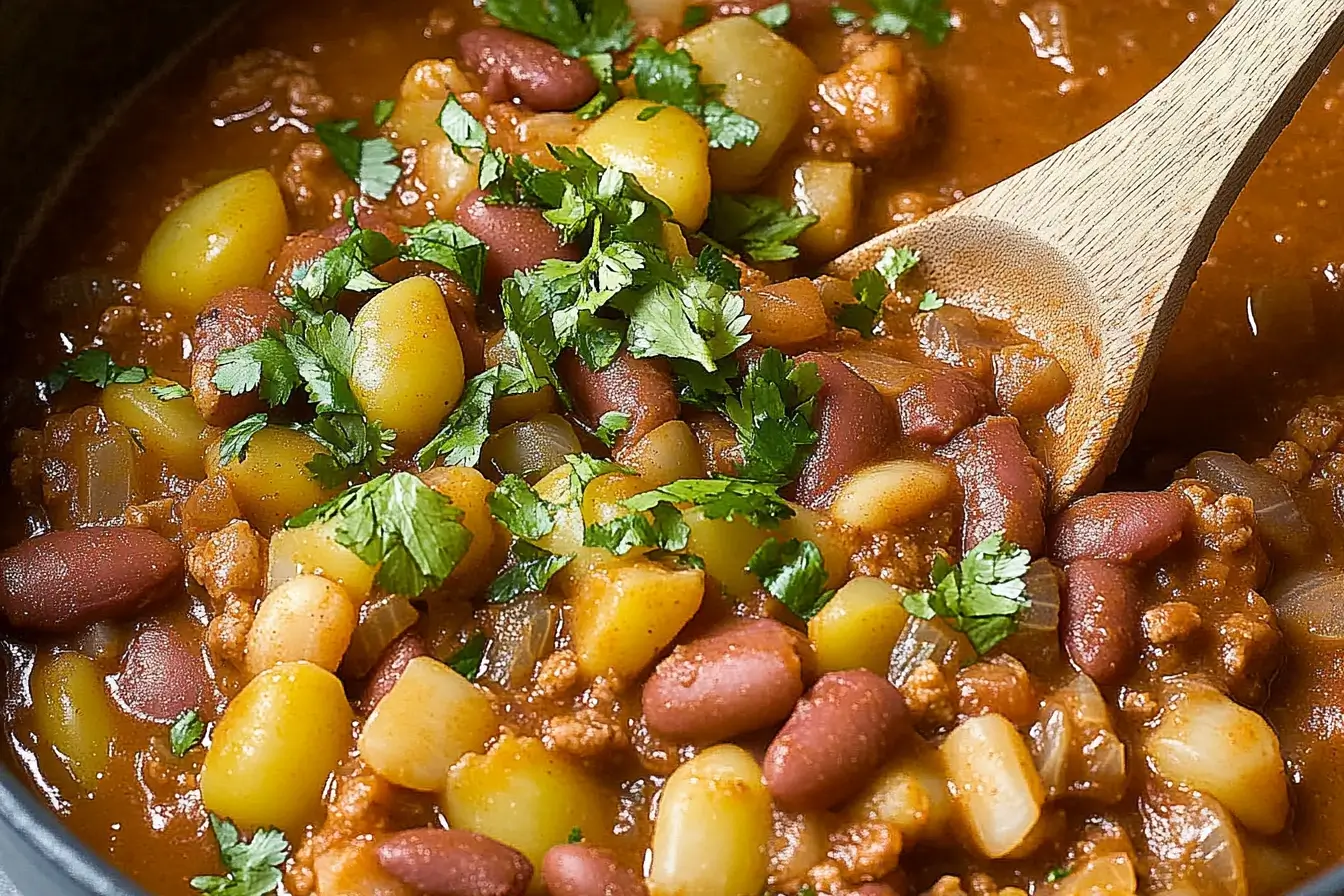 A vibrant close-up of a traditional Puerto Rican bean and potato stew garnished with fresh cilantro. The dish highlights hearty red beans, tender potatoes, and a rich tomato-based broth, served with a wooden spoon. Perfect for showcasing the flavors of Puerto Rican cuisine.