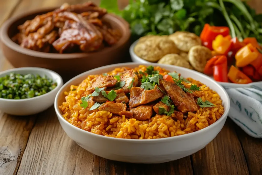  Puerto Rican Cuisine Spread
Alt Text: A colorful spread of traditional Puerto Rican dishes like arroz con gandules, pernil, and tostones, showcasing the island's rich culinary heritage.