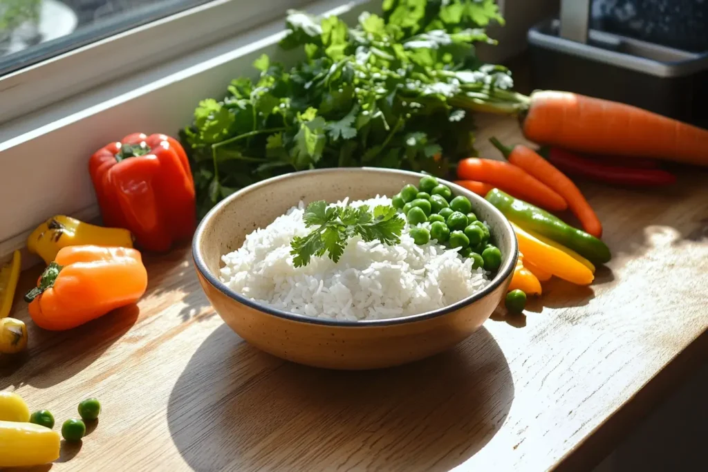 A bowl of fluffy white rice garnished with green peas and cilantro, surrounded by fresh vegetables like bell peppers, carrots, and herbs on a sunlit kitchen counter.