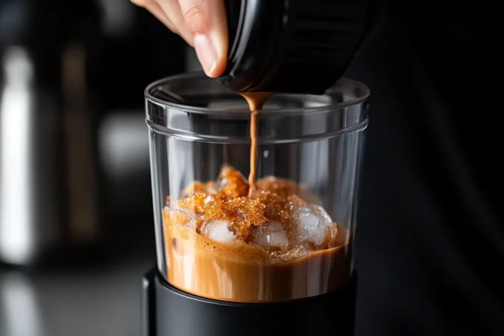 Hand shaking a cocktail shaker with espresso, ice, and brown sugar syrup in a warm kitchen setting, highlighting the frothy texture creation process.