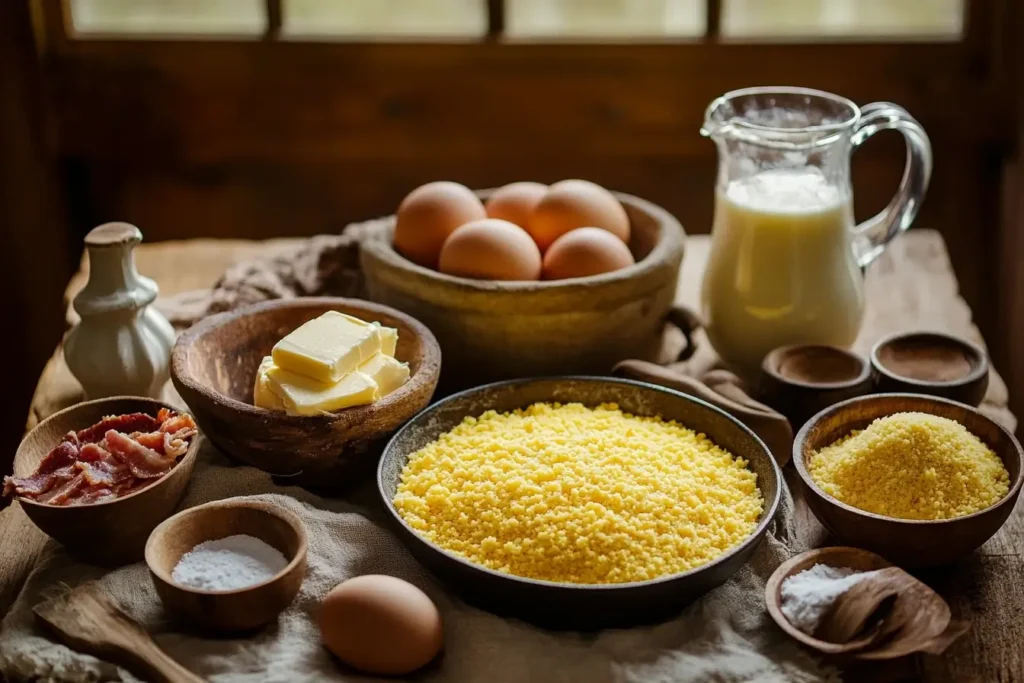  A beautifully arranged flat-lay of fresh ingredients for Southern cornbread, including yellow cornmeal, eggs, butter, bacon, salt, and a pitcher of buttermilk, styled on a rustic wooden table with warm lighting.