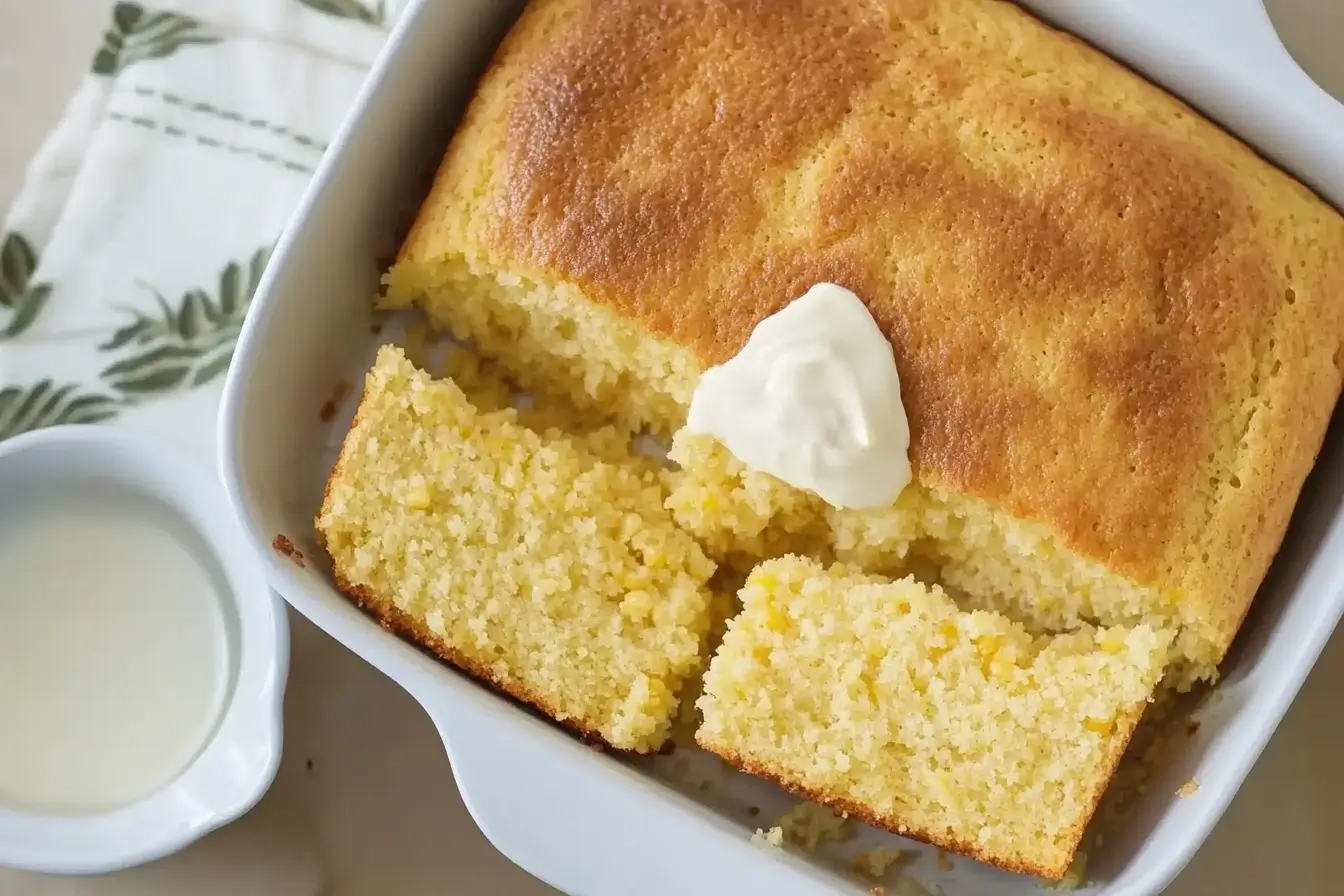 A freshly baked Southern cornbread slice served in a white baking dish, topped with a dollop of butter, accompanied by a side of buttermilk in a small bowl and a napkin with a leafy pattern.