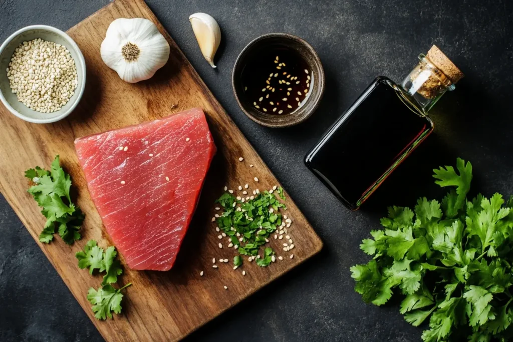 Ingredients for seared ahi tuna, including fresh tuna steak, sesame seeds, soy sauce, sesame oil, fresh herbs, and garlic cloves on a wooden cutting board.