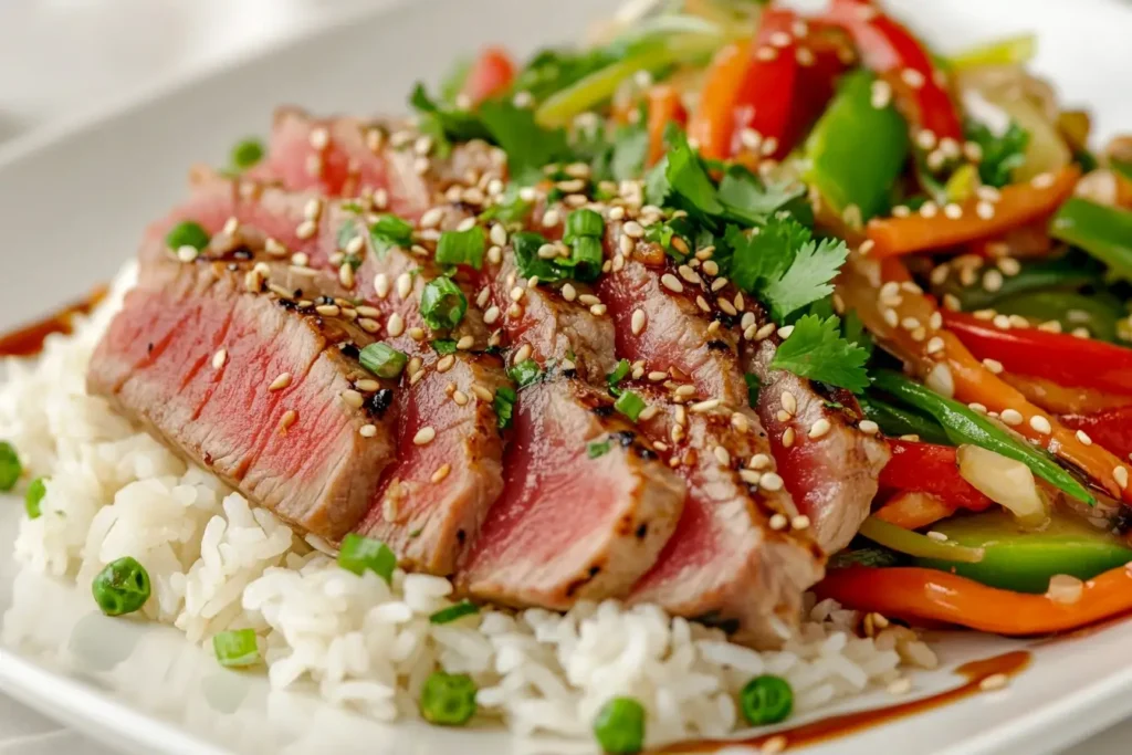 Gourmet plate of thin ahi tuna slices on jasmine rice, served with stir-fried vegetables, a soy sauce drizzle, and garnished with cilantro and sesame seeds.