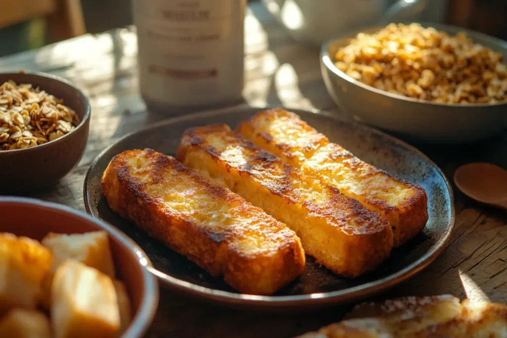 A breakfast table with hash browns, French toast sticks, and granola made using a Ninja Air Fryer, styled in natural light.