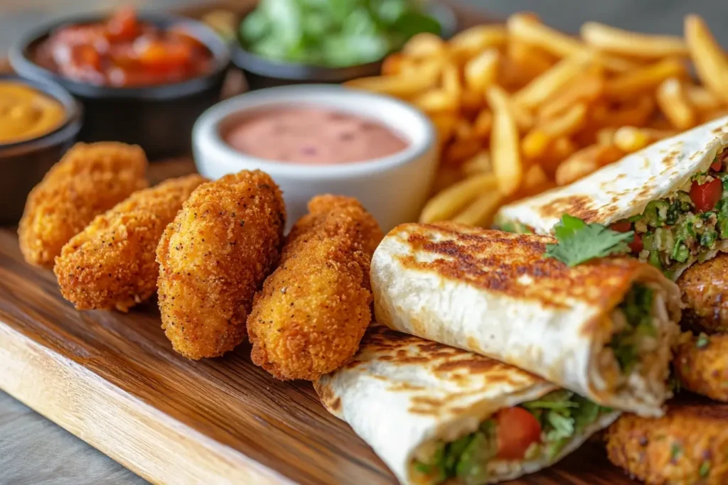 Air-fried chicken tenders, grilled cheese sandwiches, and falafel wraps served with dipping sauces on a wooden tray.