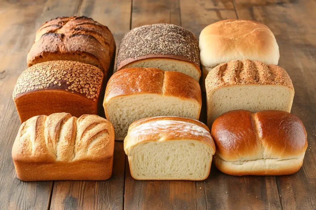 A collection of specialty bread loaves, including French and multigrain, baked using a Cuisinart bread machine.