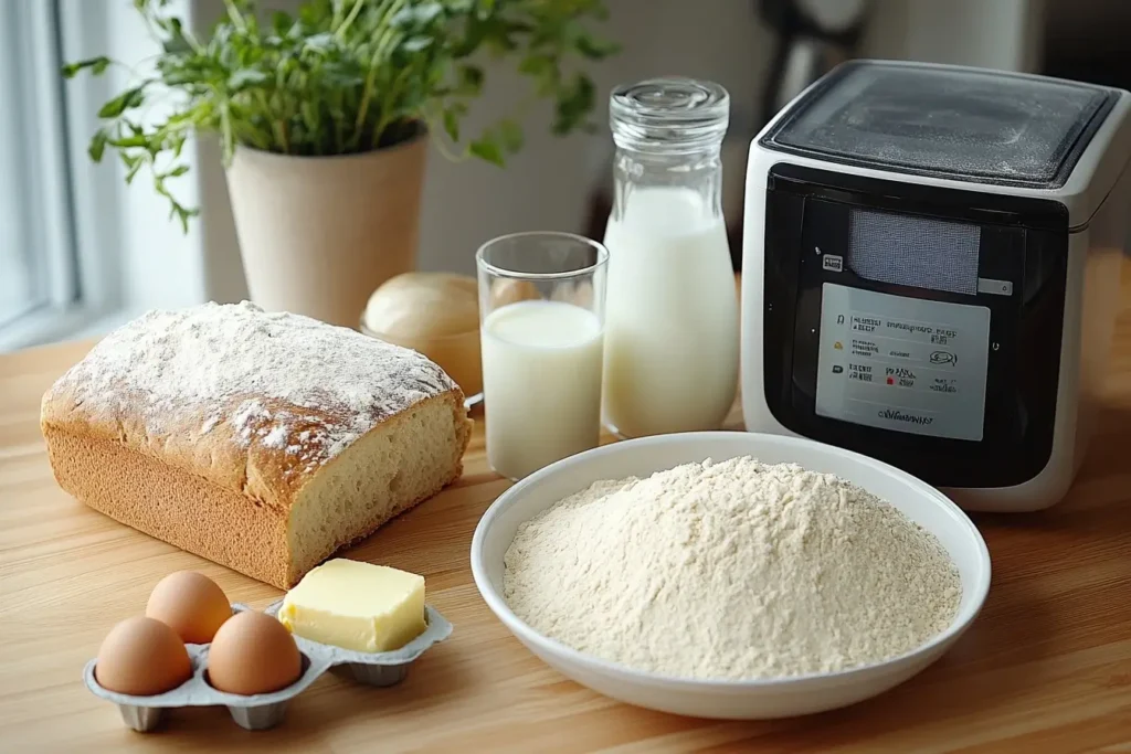 Essential ingredients for bread-making, including flour, yeast, butter, and eggs, displayed next to a Cuisinart bread machine.