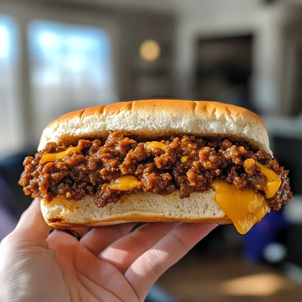 Classic Sloppy Joe served on a soft bun with melted cheese, held up against a cozy kitchen background.