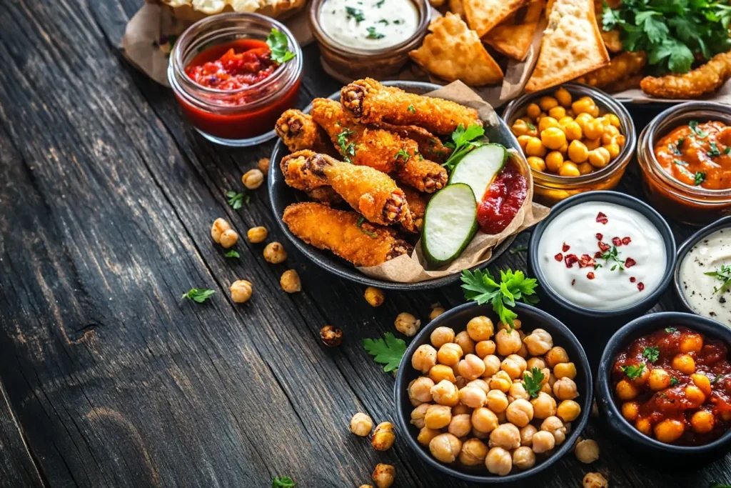 Crispy buffalo wings, mozzarella sticks, and roasted chickpeas, showcasing appetizers made with the Ninja Foodi’s air fryer function.