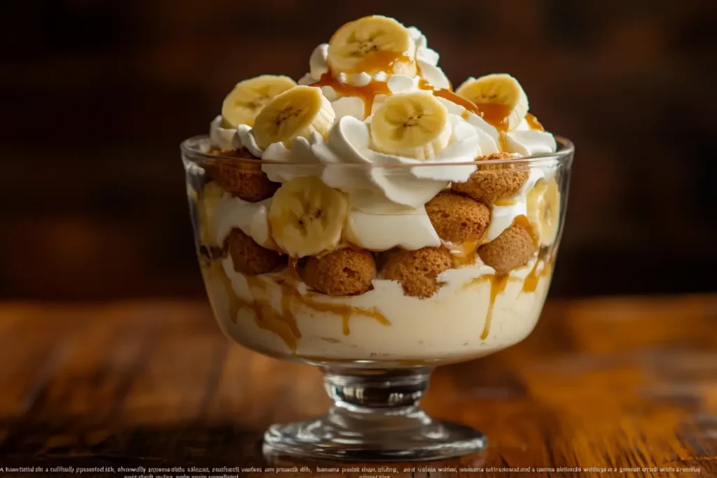 A beautifully presented banana pudding in a glass trifle dish, showcasing layers of creamy pudding, fresh banana slices, vanilla wafers, and whipped cream, drizzled with caramel sauce.