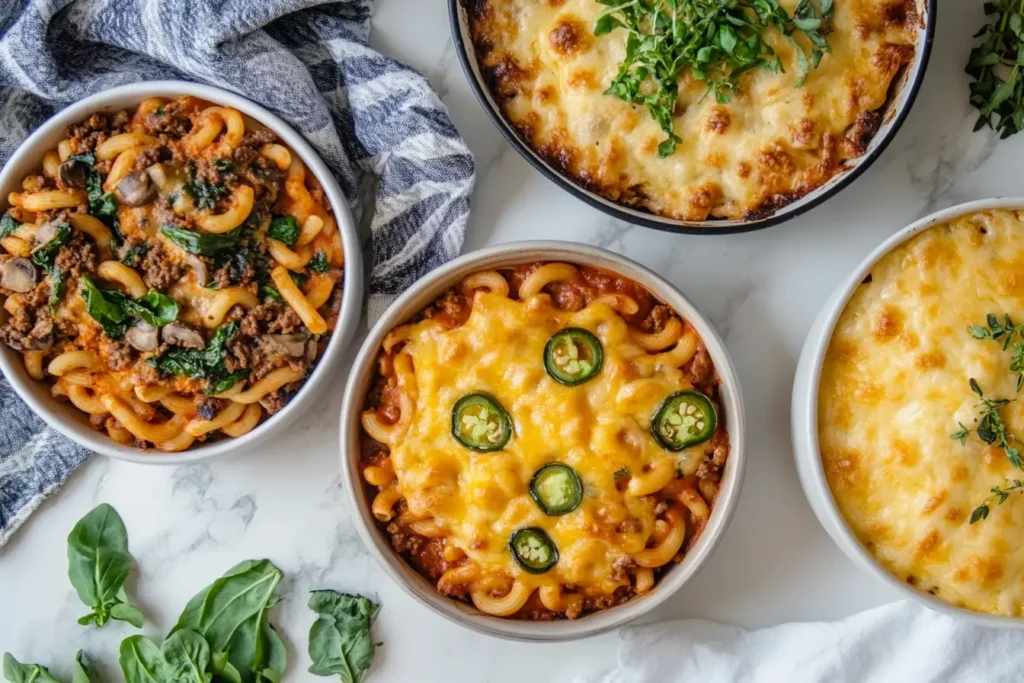 Four variations of homemade beefaroni: one with mushrooms and spinach, another with jalapeños and cheddar cheese, and two baked cheesy options with golden crusts.