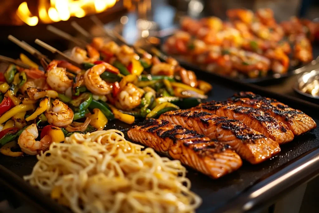 Grilled salmon fillets, shrimp skewers, stir-fried vegetables, and noodles on a Blackstone griddle, captured under warm evening lighting for a perfect dinner setting.