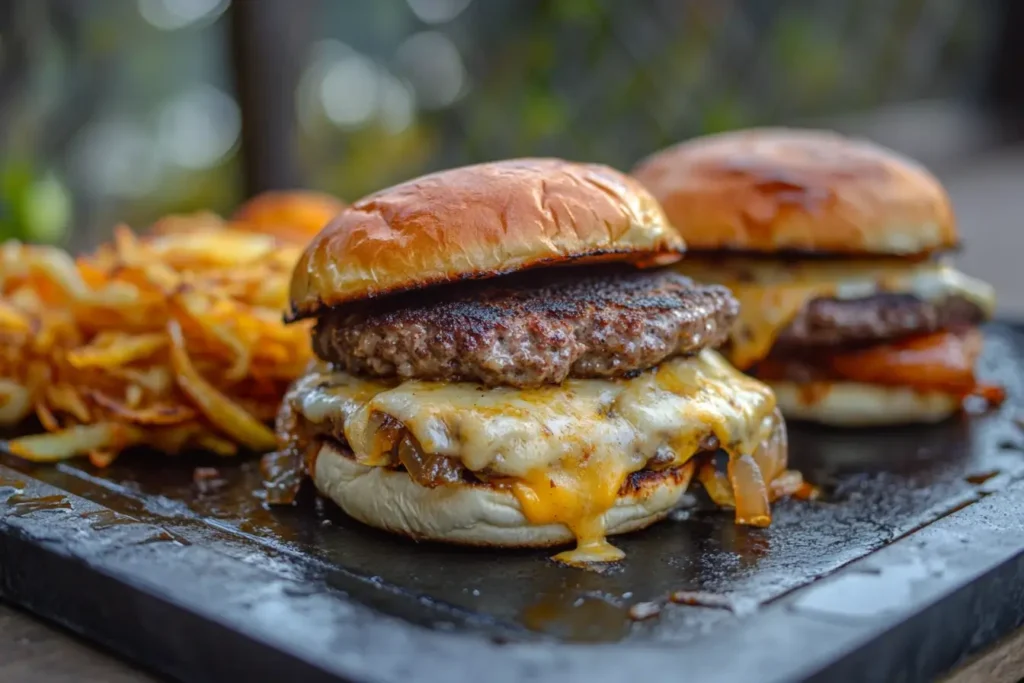 Juicy cheeseburgers with melted cheese and caramelized onions on a Blackstone griddle, served alongside crispy golden fries in a delicious outdoor setting.