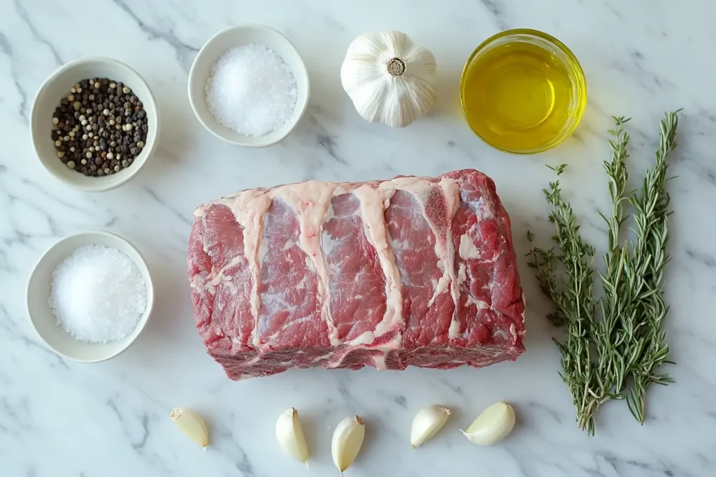 Flat-lay of ingredients for a boneless prime rib recipe, including a raw rib roast, kosher salt, black pepper, garlic, rosemary, thyme, and olive oil.