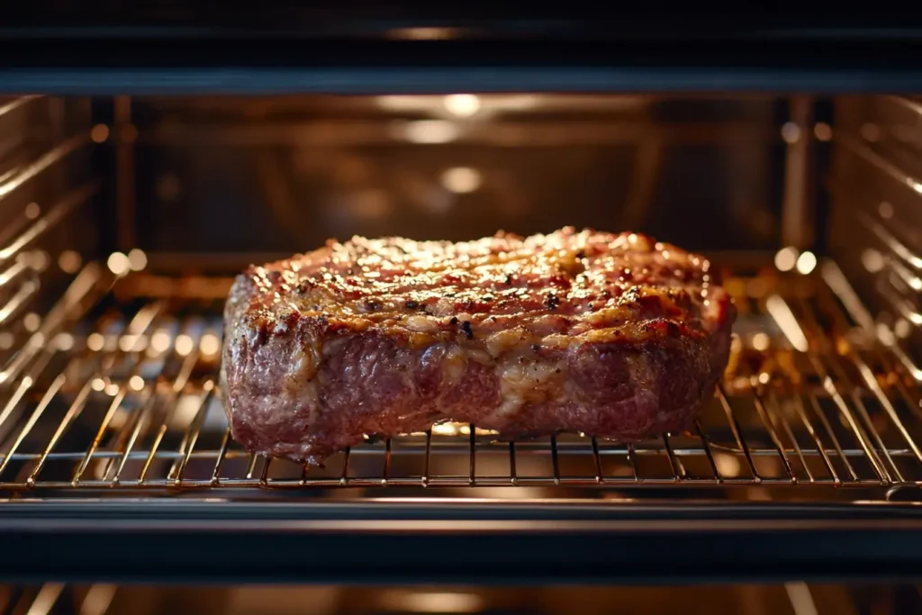 Boneless prime rib roast cooking in an oven, placed on a roasting rack with golden edges forming and a meat thermometer inserted for accuracy.