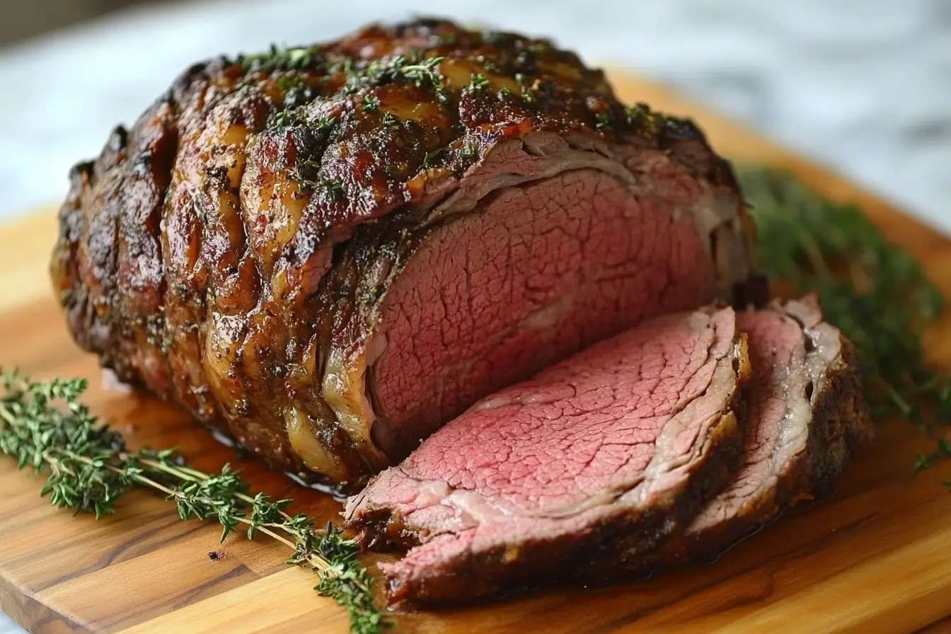 A perfectly cooked boneless prime rib roast with a medium-rare center, garnished with fresh rosemary and thyme, served on a rustic wooden cutting board.