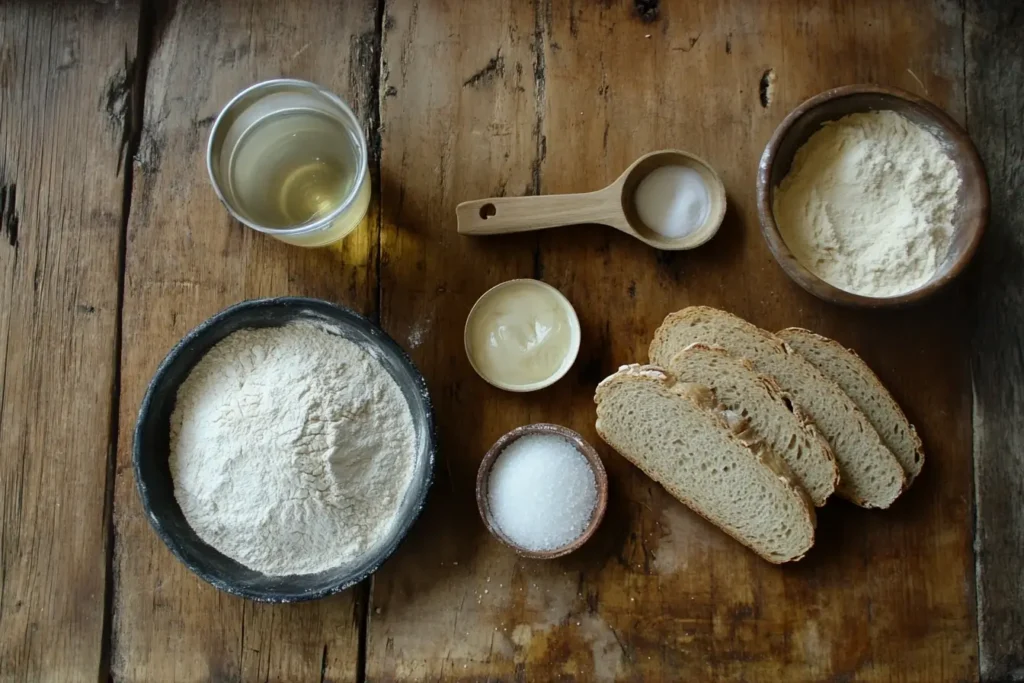 A flat lay of essential bread-making ingredients like flour, yeast, salt, and water on a rustic table, perfect for Cuisinart bread maker recipes.