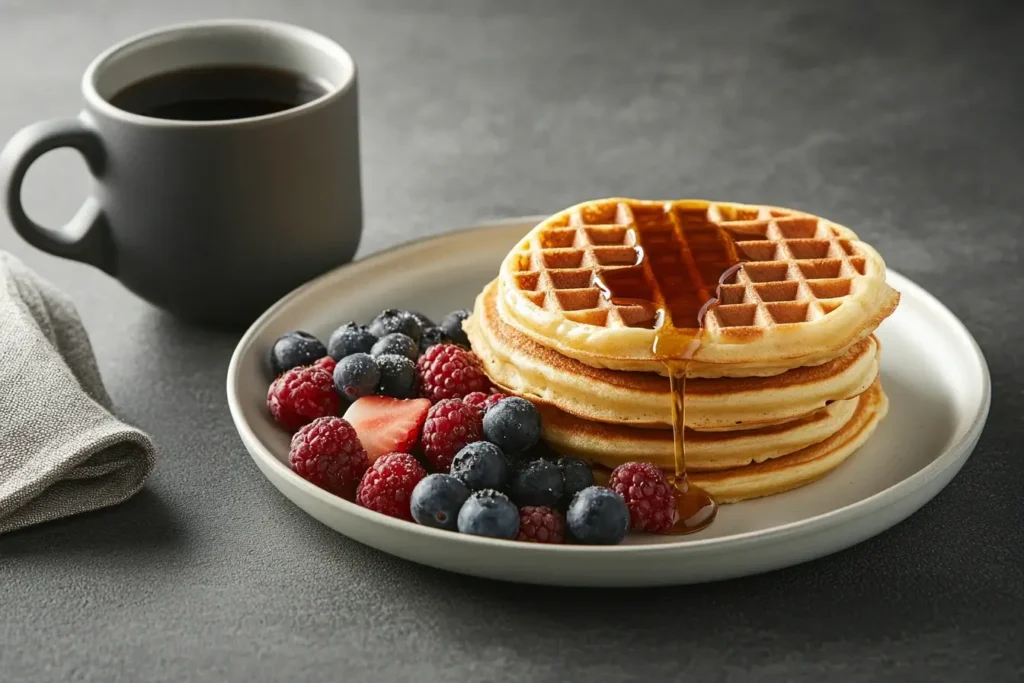 A plate of pancakes and waffles topped with syrup and berries, representing breakfast recipes made with a Ninja Foodi.