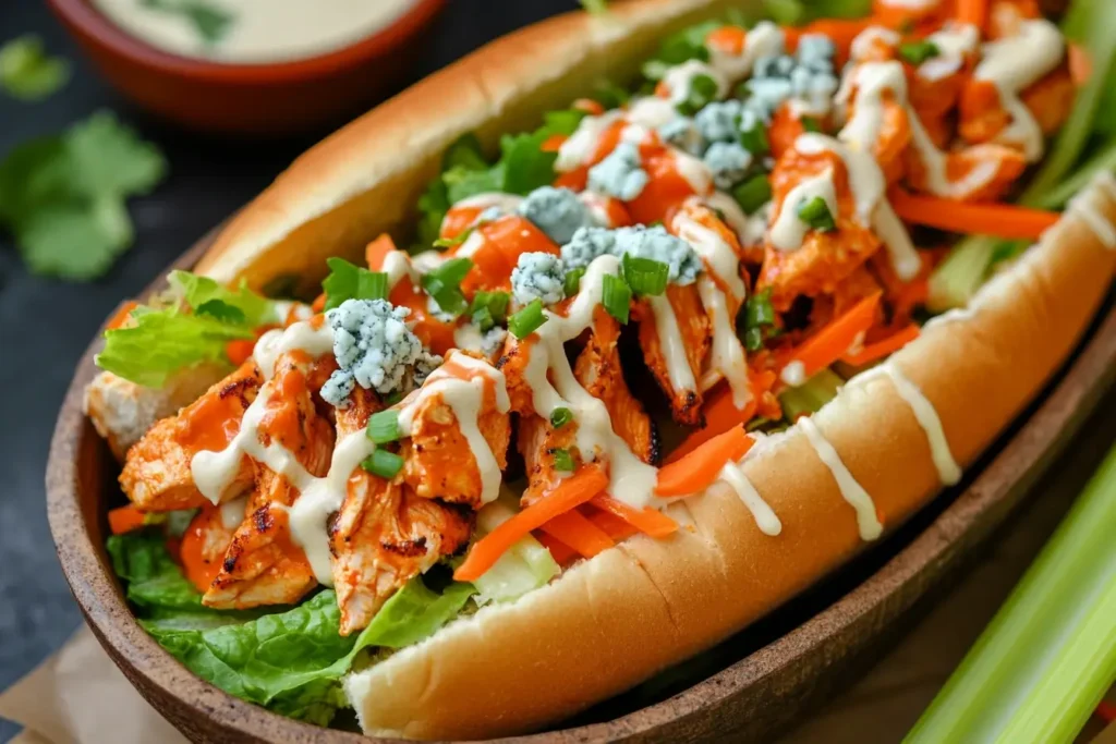 Spicy Buffalo chicken sub in a tub featuring grilled chicken, lettuce, shredded carrots, blue cheese crumbles, drizzled with ranch and Buffalo sauce, served in a rustic-style bowl for a bold and flavorful meal.