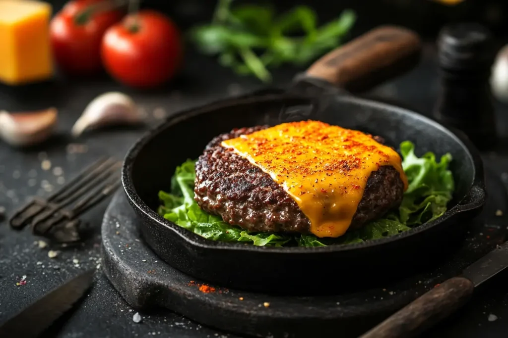 A sizzling burger patty cooking in a skillet, surrounded by fresh ingredients like lettuce and tomatoes, with melted cheese on top.