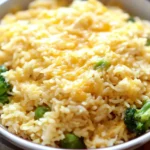 A bowl of cheesy rice with broccoli florets, featuring a creamy texture and golden melted cheese on top. The dish is served in a white ceramic bowl, offering a comforting and visually appealing meal.