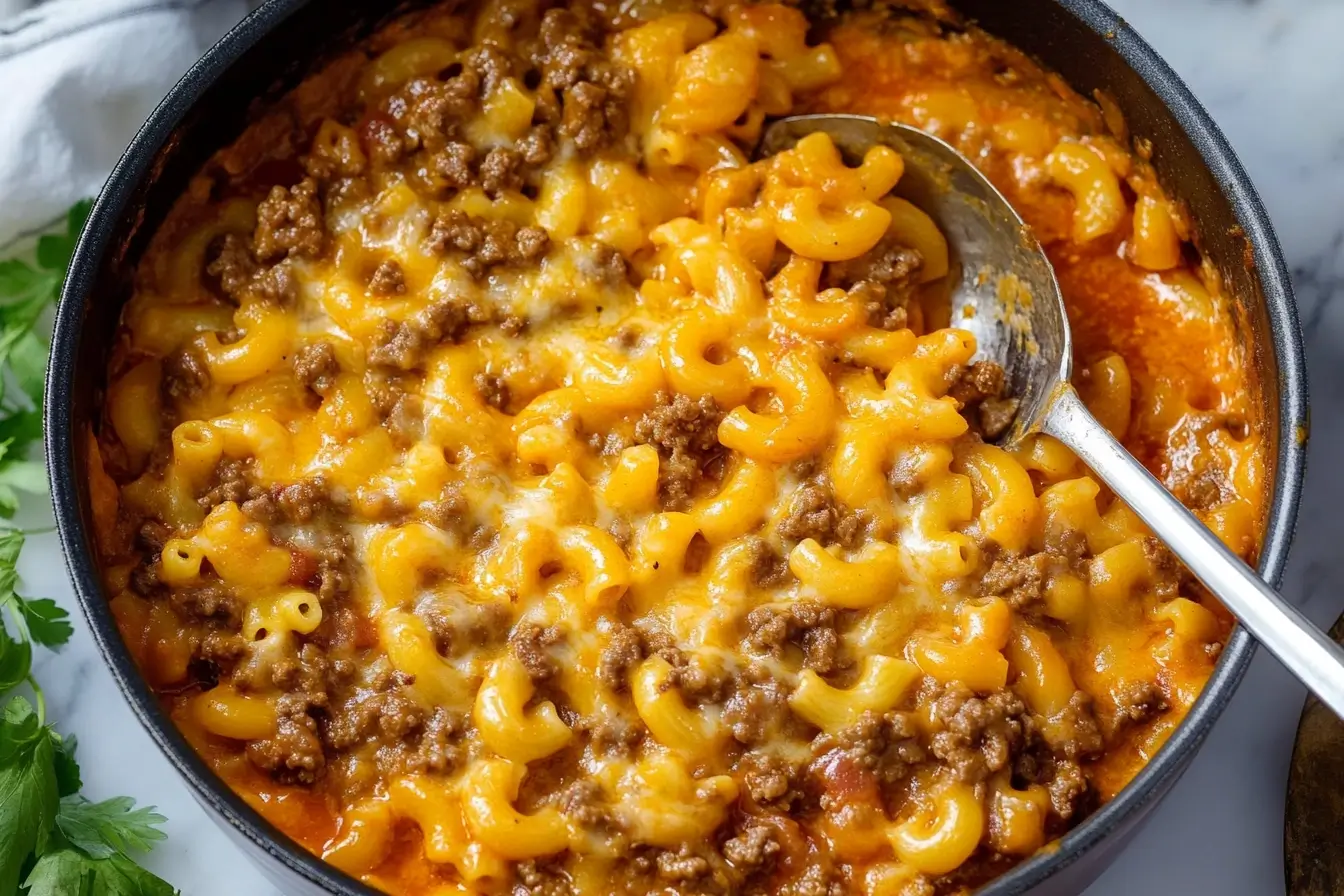 A skillet filled with cheesy homemade beefaroni, featuring tender elbow macaroni, seasoned ground beef, and melted cheese, with a serving spoon.