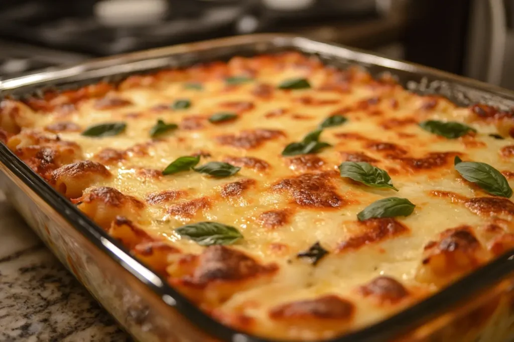 A freshly baked meatless baked ziti in a glass casserole dish, topped with golden, bubbly cheese and fresh basil leaves, placed on a kitchen countertop.